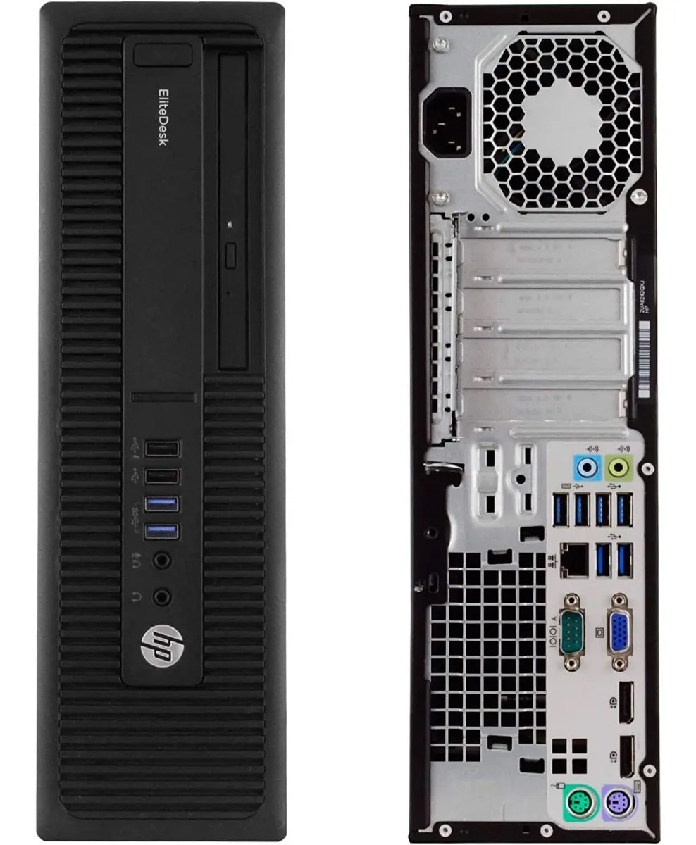 Vista frontal y posterior de una computadora HP EliteDesk 800 G2 SFF con procesador Intel Core i7, mostrando puertos USB frontales y conexiones de video traseras.