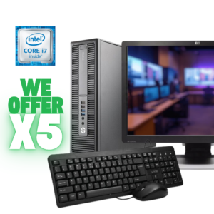 Oferta al por mayor de ExLease en Guatemala: Computadora HP Small Form Factor con procesador Intel Core i7, monitor, teclado y mouse. Paquete de oferta X5.
