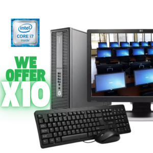 Lote de 10 computadoras HP Core i7 en oferta de ExLease en Guatemala. Imagen promocional de PC Small Form Factor, monitor, teclado y mouse, con texto 'WE OFFER X10' y logo Intel Core i7 Inside