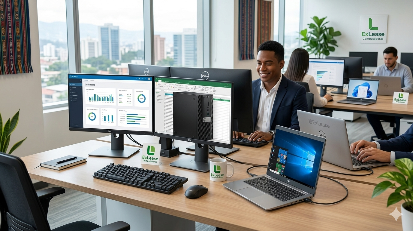 Comparativa entre laptop y desktop corporativa Dell de leasing en una oficina de Guatemala - ExLease.