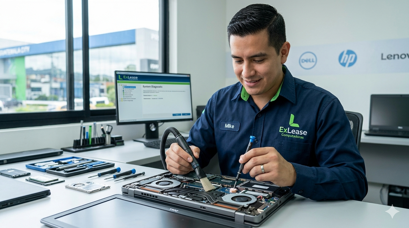 Técnico de ExLease realizando limpieza interna y mantenimiento preventivo a una laptop Dell Latitude corporativa en taller profesional.