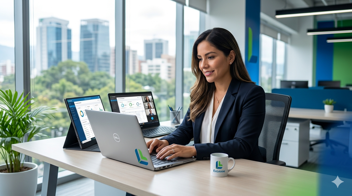 Profesional trabajando de forma remota en Guatemala con una laptop Dell Latitude de leasing certificada por ExLease.